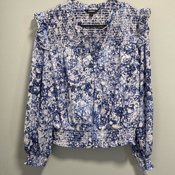 Express Smocked Ruffle Long Sleeve Blouse – Blue & White Print – Size Small - Picture 1 of 2
